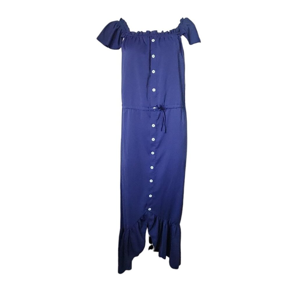 Kirundo Dress Womens‎ Plus Size XXL Solid All Blue Maxi Button Front Ruffle